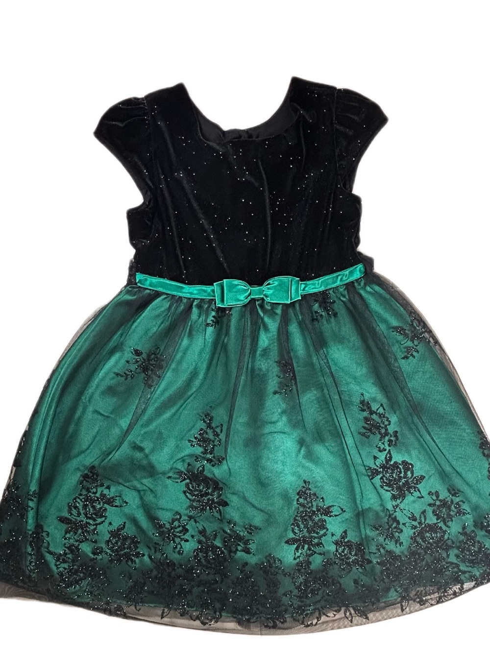 Jona Michelle Black Velvet & Emerald Green Floral Party Dress Girls